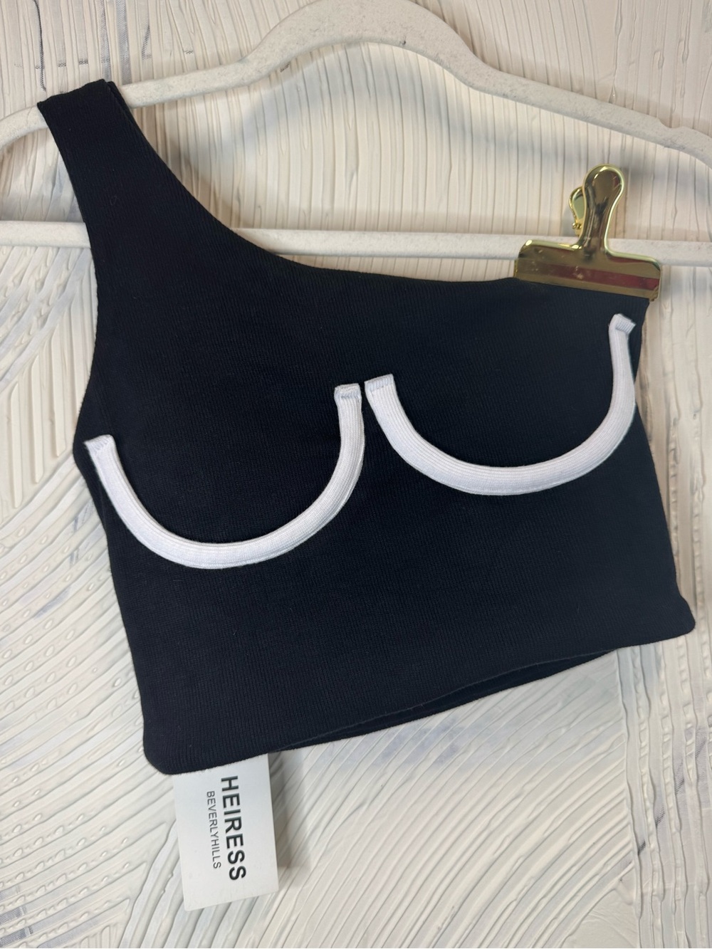 Heiress Black One-Shoulder Crop Top with White Cup Piping